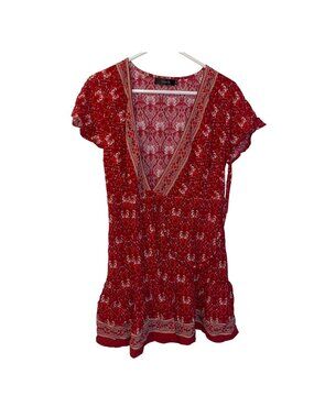 Zesica Womens Red Floral Print Wrap Dress Size M 100% Rayon Short Sleeve